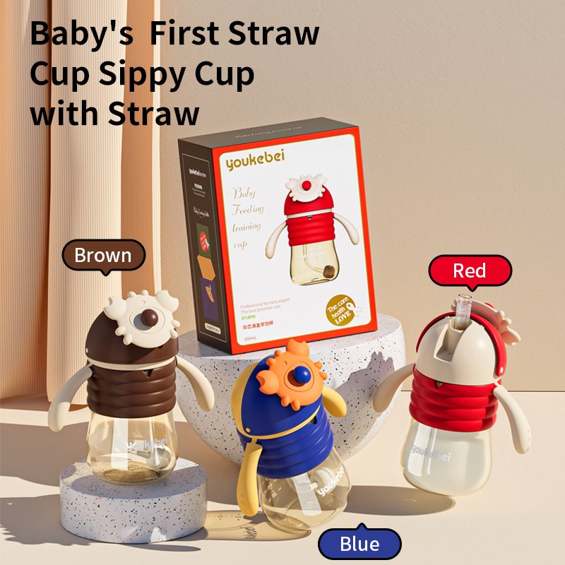 OEM Factory Wholesale BPA Free 300ml PCT Drinking Cup Silicone Sippy Crab Head Slider Mug Baby Bottle for Milk Water Spoon Type