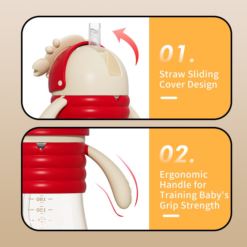 OEM Factory Wholesale BPA Free 300ml PCT Drinking Cup Silicone Sippy Crab Head Slider Mug Baby Bottle for Milk Water Spoon Type