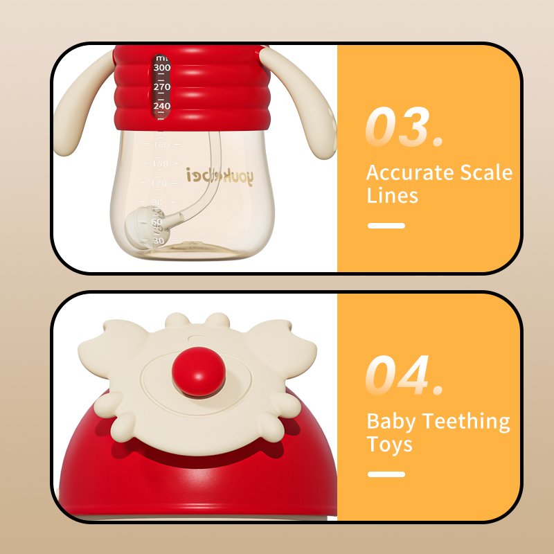OEM Factory Wholesale BPA Free 300ml PCT Drinking Cup Silicone Sippy Crab Head Slider Mug Baby Bottle for Milk Water Spoon Type