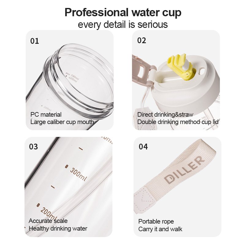 DILLER Factory Direct Custom logo 580ML Minimalist Design Sports Water Bottle BPA-Free Plastic Travel Mug