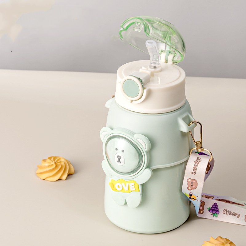 MAIMA New high quality kids cartoon bear Thermos mug 500ml stainless steel water bottle cute straw cup girls crossbody kettle