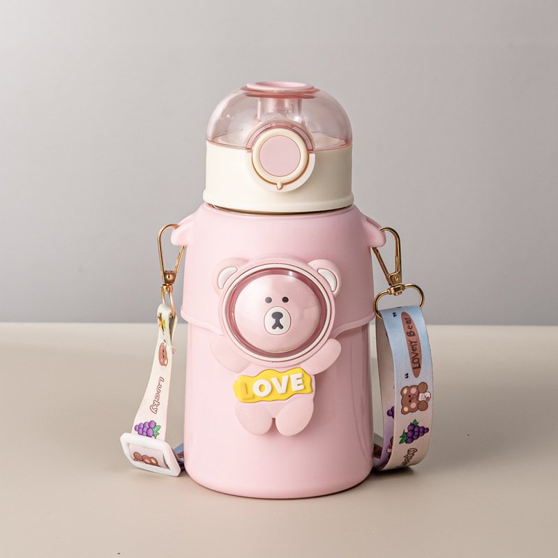 MAIMA New high quality kids cartoon bear Thermos mug 500ml stainless steel water bottle cute straw cup girls crossbody kettle