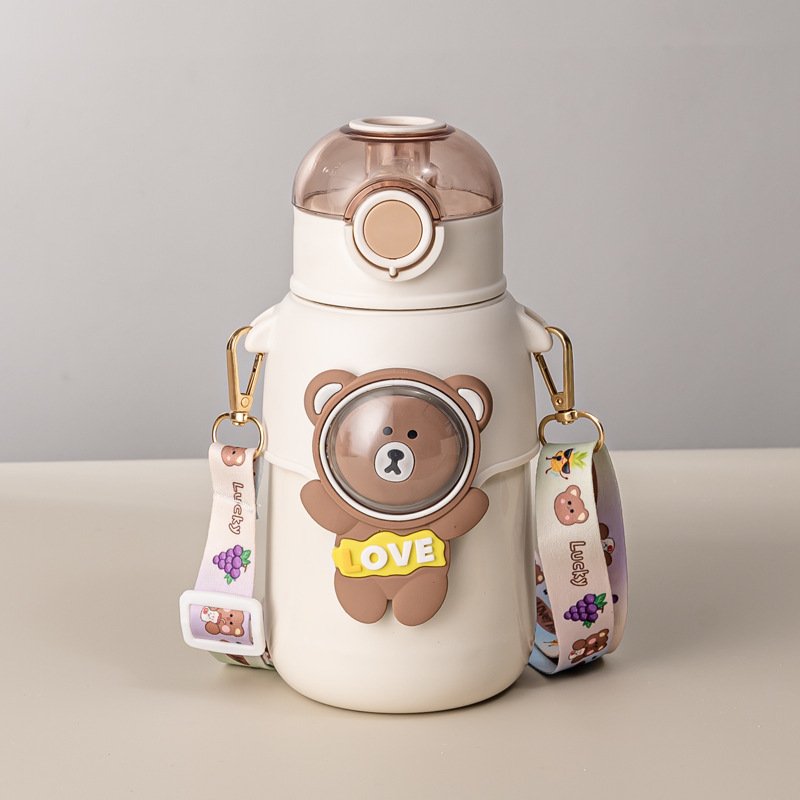 MAIMA New high quality kids cartoon bear Thermos mug 500ml stainless steel water bottle cute straw cup girls crossbody kettle
