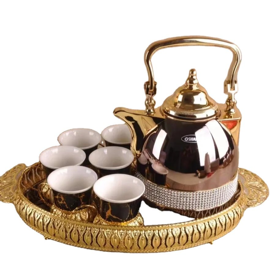 1.0L Double Walled Thermos Vacuum Carafe Arabic FLASK Teapot 180ml glass cup Relife plate 75ML Cawa cups Gold Lid For Ramadan