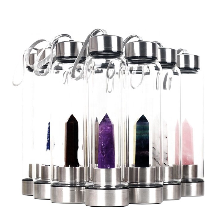 Luxury Crystal And GemStone Glass Infused Clear Eco Friendly Aesthetic Transparent Cool Water Bottle With Logo