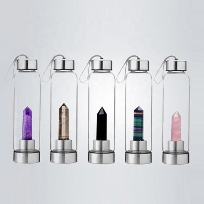 Luxury Crystal And GemStone Glass Infused Clear Eco Friendly Aesthetic Transparent Cool Water Bottle With Logo