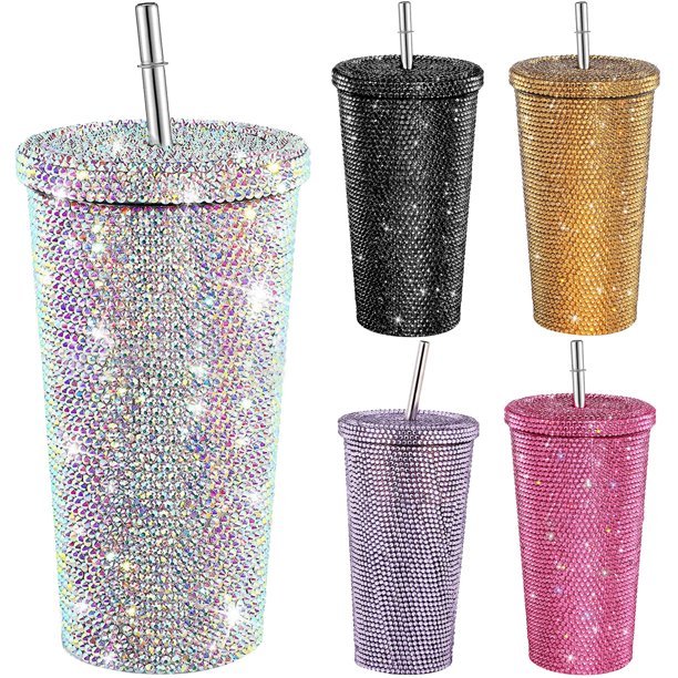 Bling Diamond Studded Water Bottle Tumbler With Straw Stainless Steel Vacuum Thermal Straw Tumbler Rhinestone Tumbler for Women