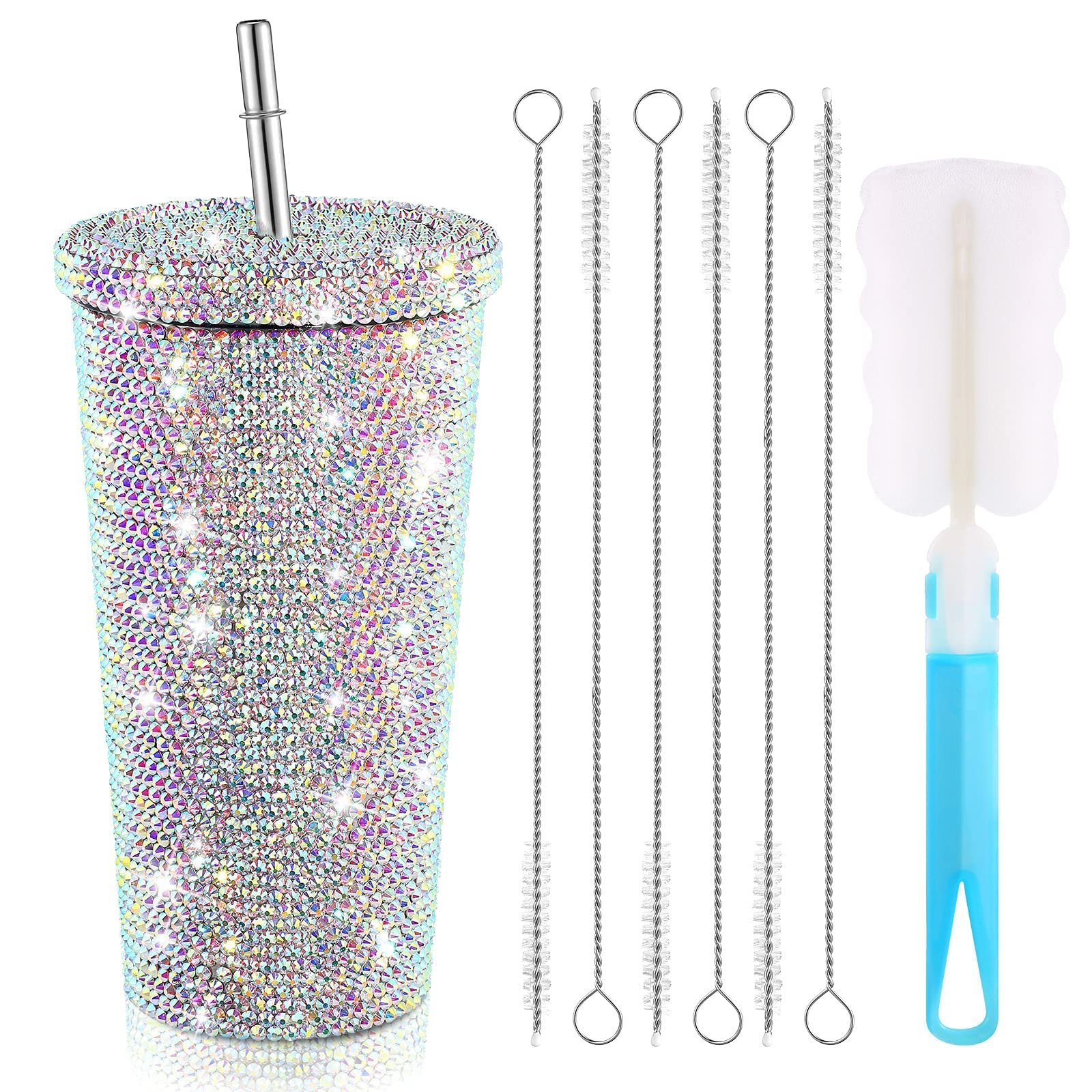 Bling Diamond Studded Water Bottle Tumbler With Straw Stainless Steel Vacuum Thermal Straw Tumbler Rhinestone Tumbler for Women