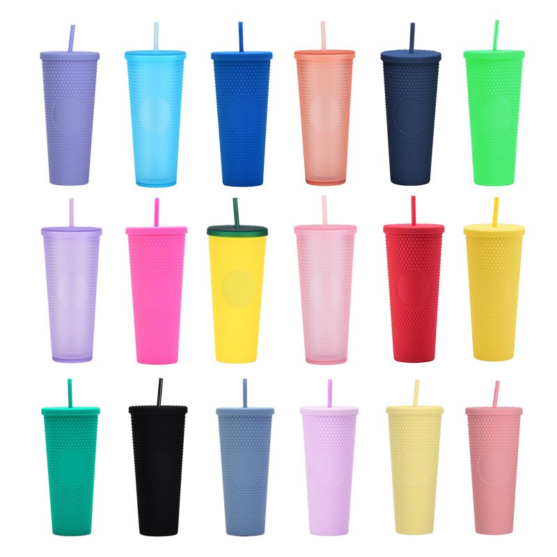 24oz Portable Durian shape Diamond Mug Iridescent Matte Rainbow Studded Tumbler Plastic Cold Cup with straw
