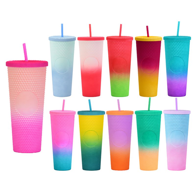 24oz Portable Durian shape Diamond Mug Iridescent Matte Rainbow Studded Tumbler Plastic Cold Cup with straw