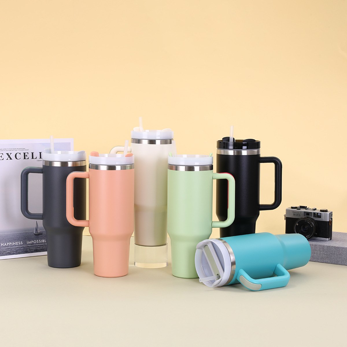 200pcs Custom logo double Walled Stainless Steel Travel Mug 40oz cup with Handle sublimation blanks Tumbler with straw