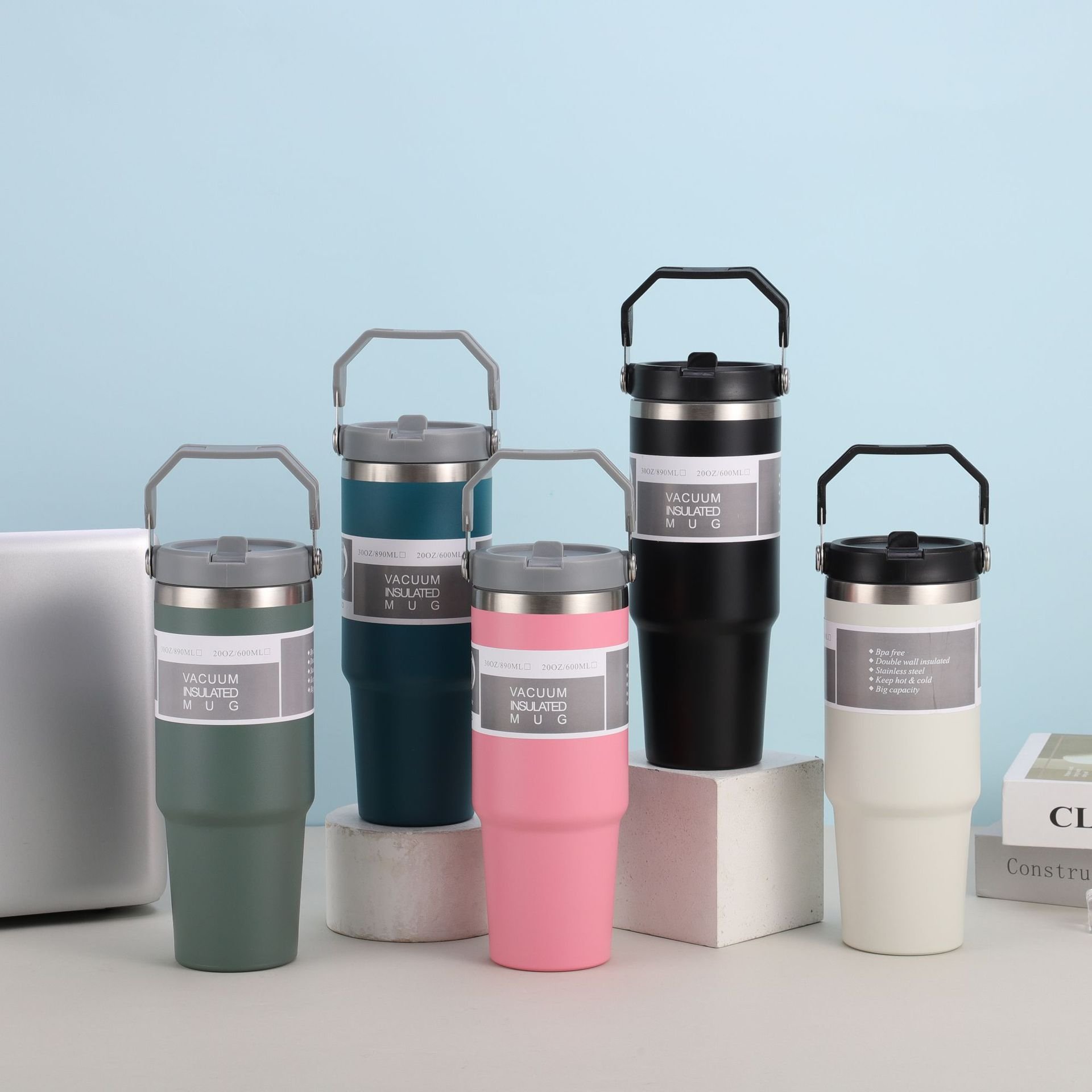 Wholesale 30 oz travel insulated hot and cold drinks 20 oz powder coated double wall coffee tumbler mugs with straw handle