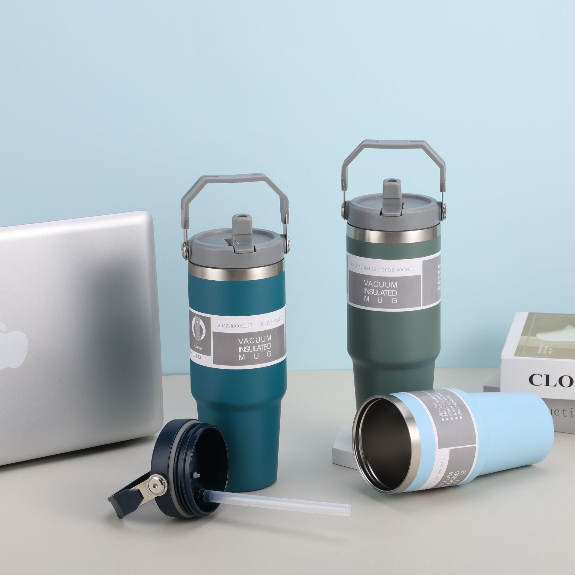 Wholesale 30 oz travel insulated hot and cold drinks 20 oz powder coated double wall coffee tumbler mugs with straw handle