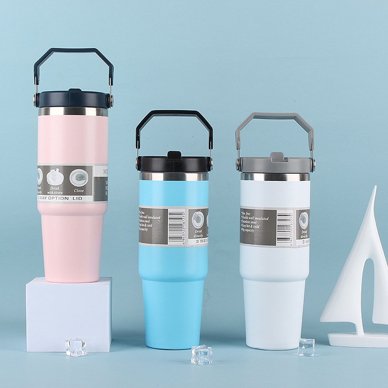 Wholesale 30 oz travel insulated hot and cold drinks 20 oz powder coated double wall coffee tumbler mugs with straw handle