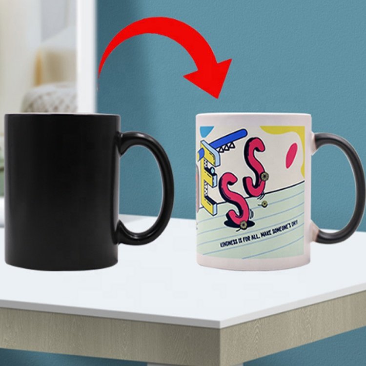 11oz Heat Sensitive Color Changing Magic Black Sublimation Ceramic Coated Heart Handle Mug With customized