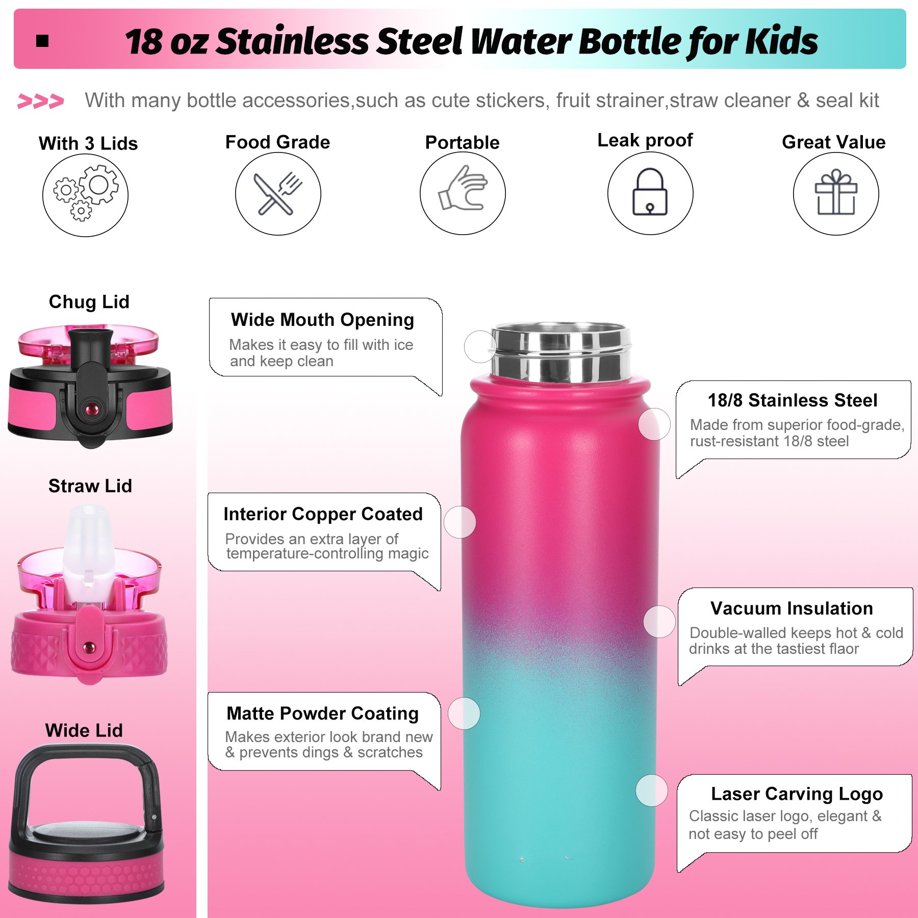 600ml 20oz Stainless Steel Sports Water Bottle Double Wall Thermos Portable Vacuum Flask Tumbler with Custom Logo
