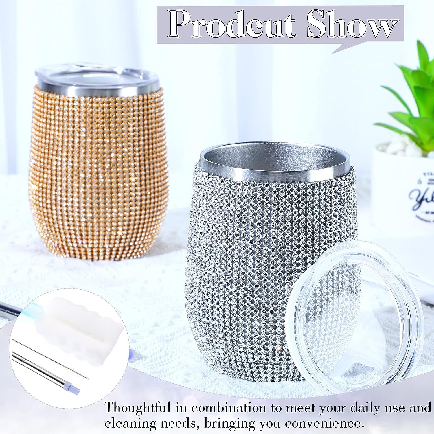 12oz Diamond Bling Wine Tumbler Glitter Stainless Steel Insulated Water Bottle with Easy Sip Lid for Gifts