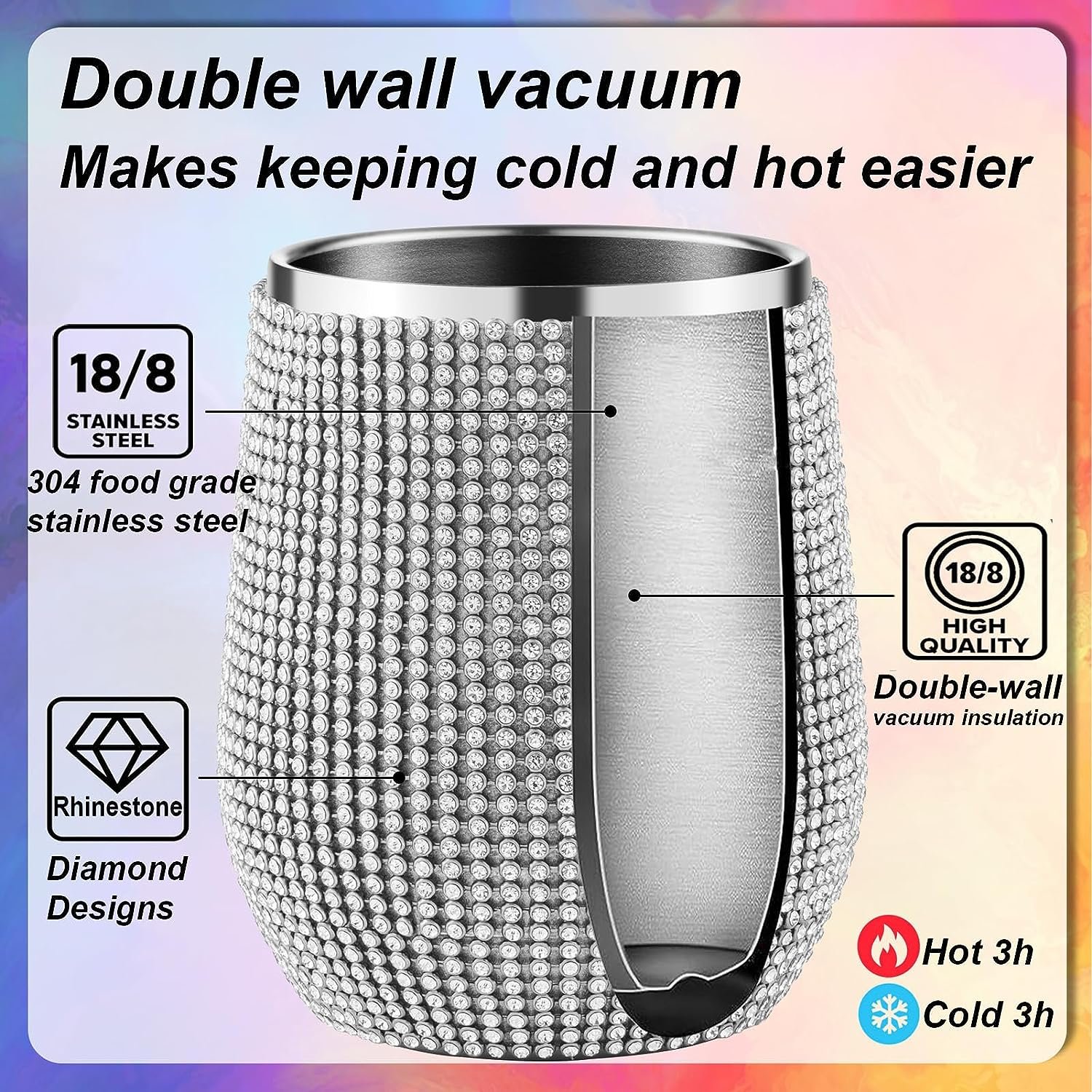 12oz Diamond Bling Wine Tumbler Glitter Stainless Steel Insulated Water Bottle with Easy Sip Lid for Gifts