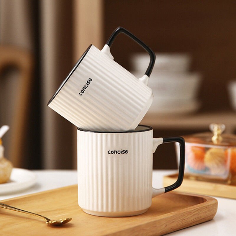 400ml Minimalist Unique Stripe White Ceramic Coffee Cup Household Office Tea Water Cup Coffee Mug With Handle