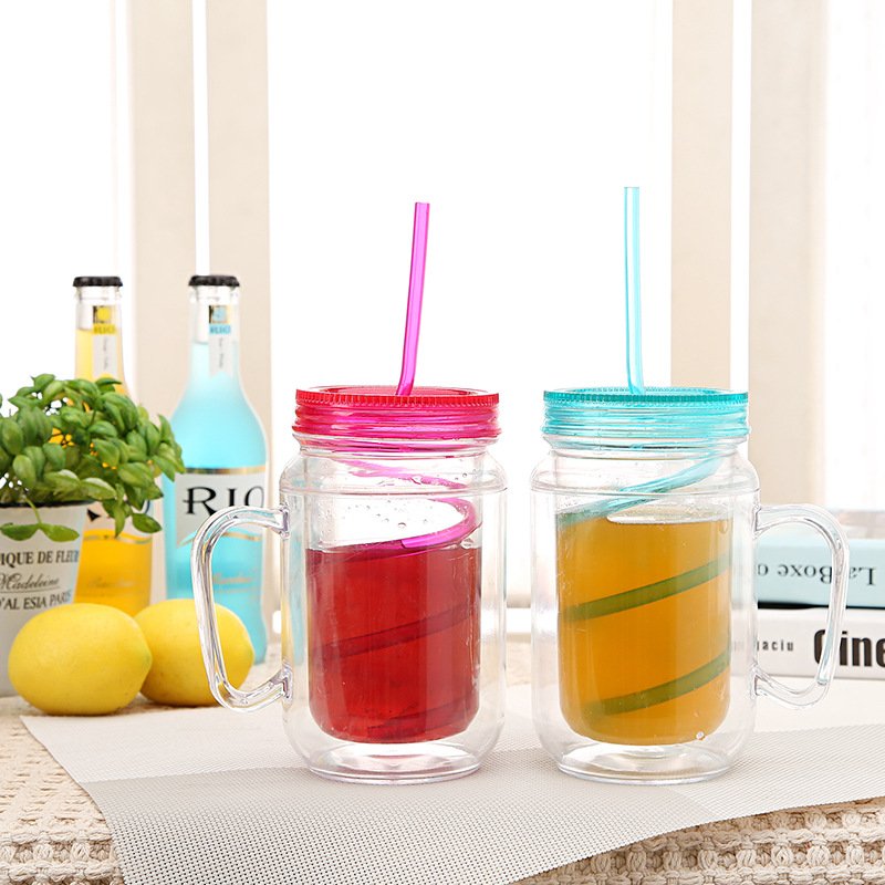 Personalized Mason Jars 20oz Plastic Cup Transparent&pure Color Mason Mugs Plastic Mason Cups with Handle