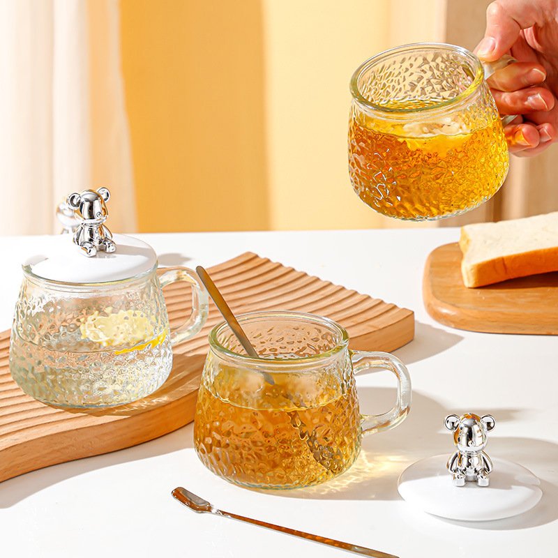 Anti-heat Cup Household Milk Handheld Bear Glass Drinking Coffee Flower Tea Breakfast Ice Mug 400ml Bottle Cover Handle Spoon