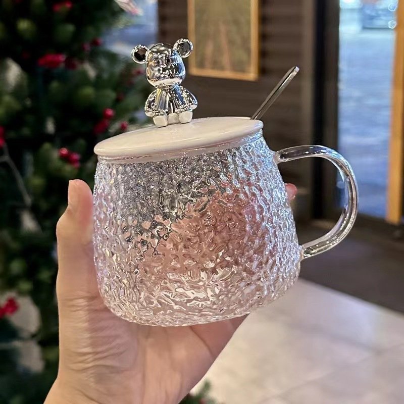 Anti-heat Cup Household Milk Handheld Bear Glass Drinking Coffee Flower Tea Breakfast Ice Mug 400ml Bottle Cover Handle Spoon