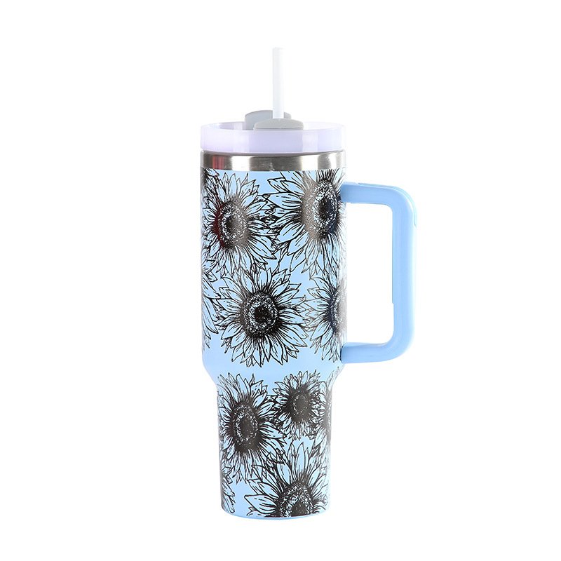 Custom Logo Laser Engraved Stainless Steel Large Travel Car Mug Sunflower Print 40oz Tumbler with Handle