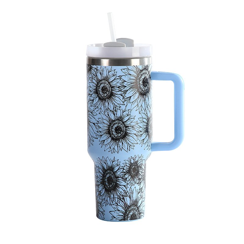 Custom Logo Laser Engraved Stainless Steel Large Travel Car Mug Sunflower Print 40oz Tumbler with Handle