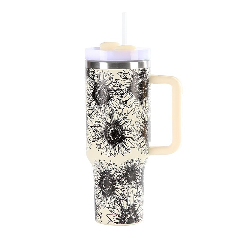 Custom Logo Laser Engraved Stainless Steel Large Travel Car Mug Sunflower Print 40oz Tumbler with Handle