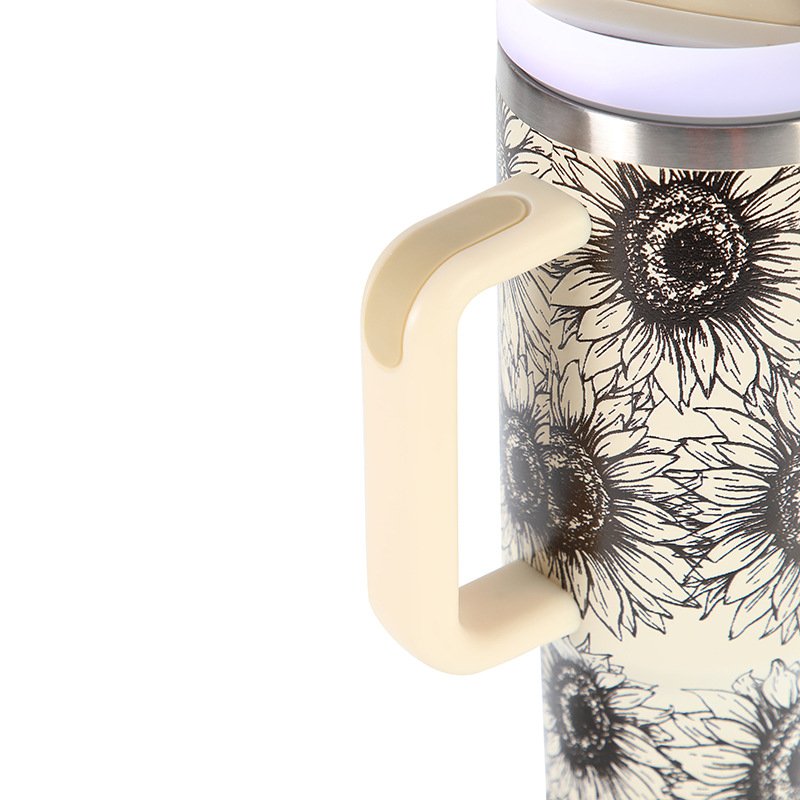 Custom Logo Laser Engraved Stainless Steel Large Travel Car Mug Sunflower Print 40oz Tumbler with Handle