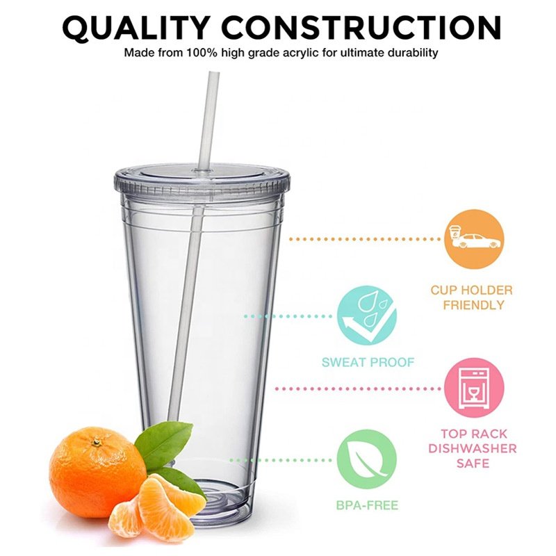 24oz Clear Double Wall Plastic Tumblers with Lids and Straws BPA Free Coffee Cups With Straw Reusable Travel Mug for Party
