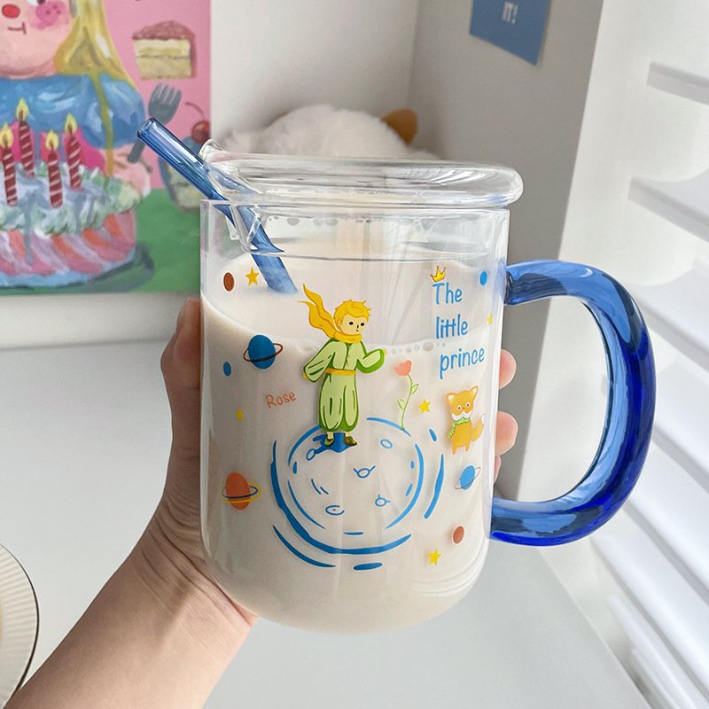 Premium Design Glass Mug Lead Free Drinking Glass for Milk Juice Yogurt The Little Prince Printing Glass Cup With Straw and Lid
