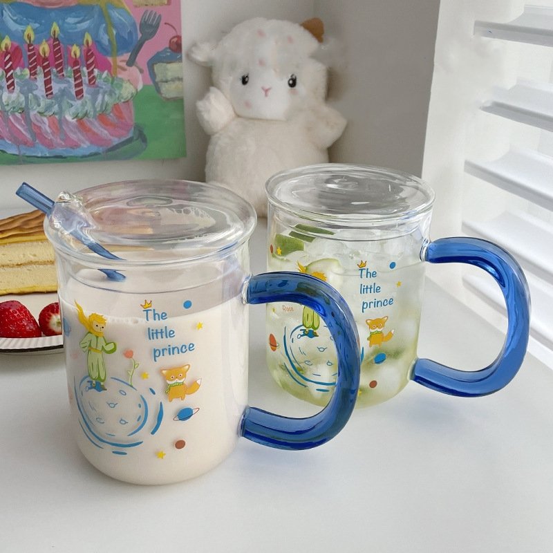 Premium Design Glass Mug Lead Free Drinking Glass for Milk Juice Yogurt The Little Prince Printing Glass Cup With Straw and Lid