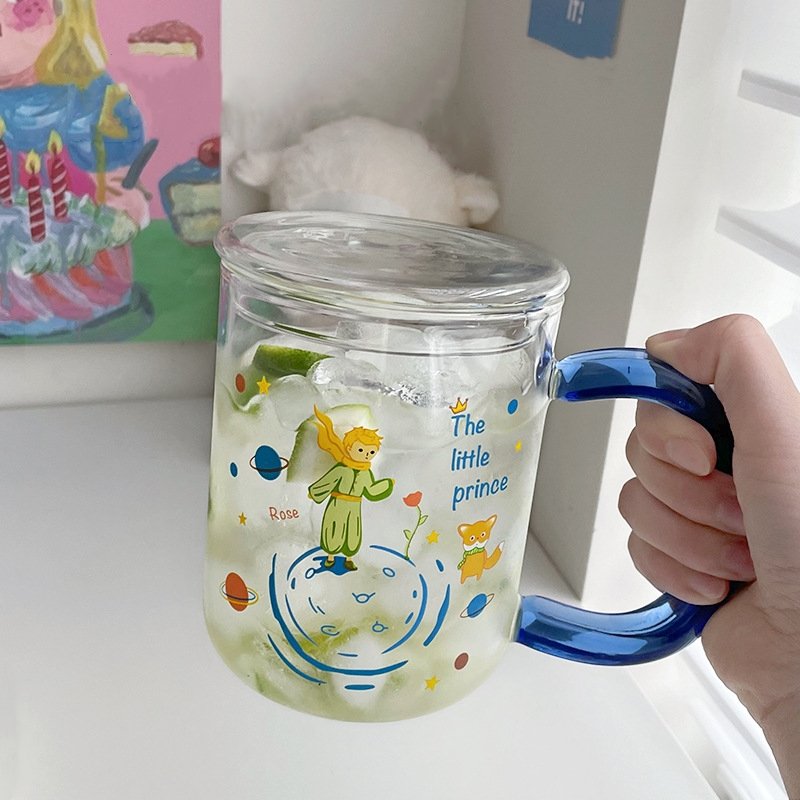Premium Design Glass Mug Lead Free Drinking Glass for Milk Juice Yogurt The Little Prince Printing Glass Cup With Straw and Lid