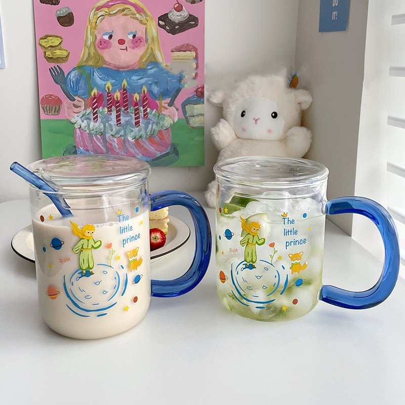 Premium Design Glass Mug Lead Free Drinking Glass for Milk Juice Yogurt The Little Prince Printing Glass Cup With Straw and Lid