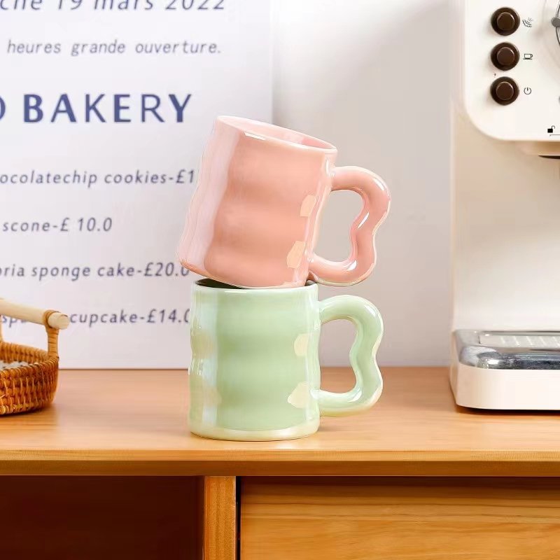 Korean Popular Macaron Handgrip Mugs 300ml Pearl Glaze Ceramic Coffee Cup With Irregular Handle