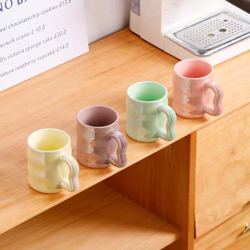 Korean Popular Macaron Handgrip Mugs 300ml Pearl Glaze Ceramic Coffee Cup With Irregular Handle