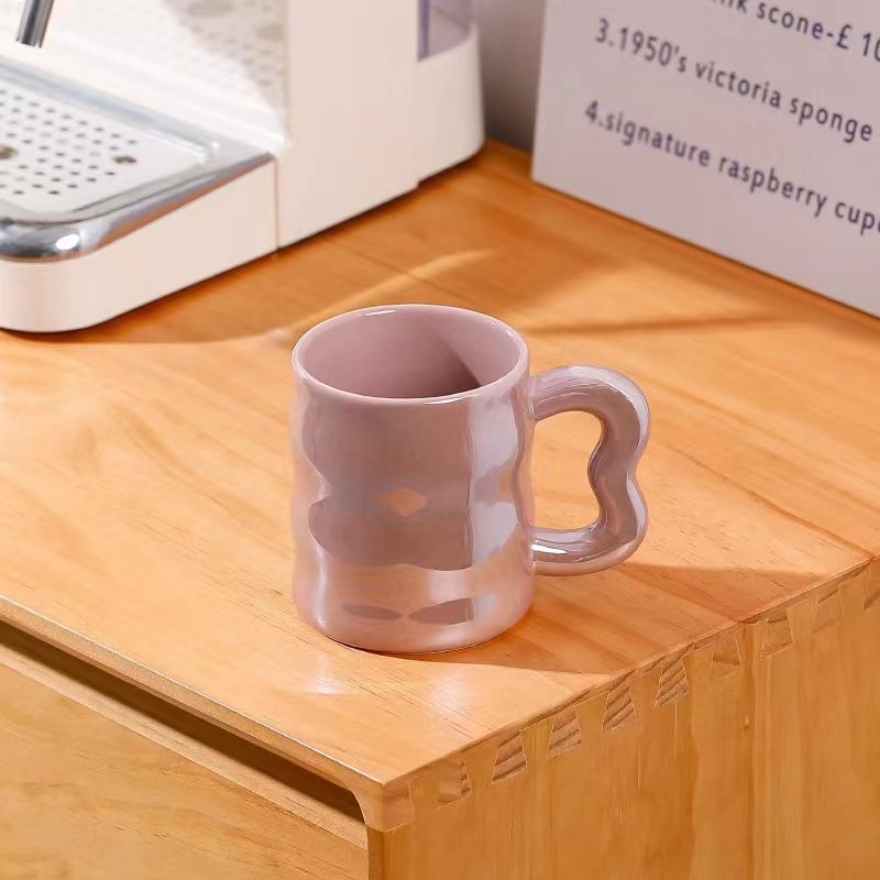 Korean Popular Macaron Handgrip Mugs 300ml Pearl Glaze Ceramic Coffee Cup With Irregular Handle