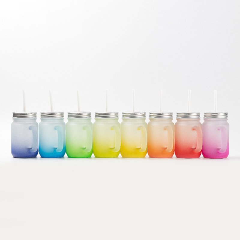 New Arrival 12oz Custom Color Glass Mug With Metal Lid And Straw Frosted Handgrip Shaped Glass Water Mug