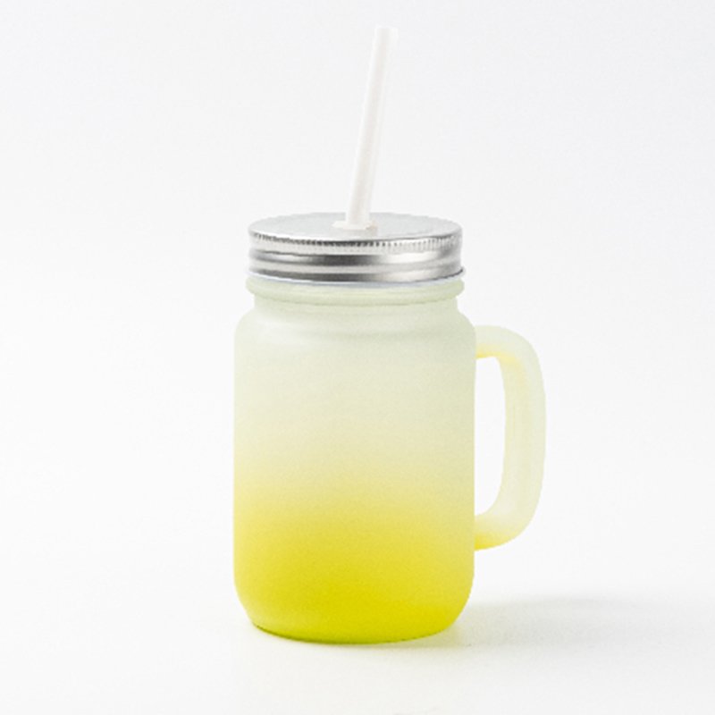 New Arrival 12oz Custom Color Glass Mug With Metal Lid And Straw Frosted Handgrip Shaped Glass Water Mug