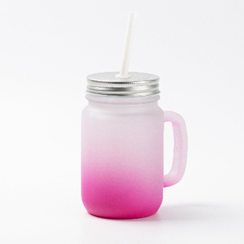 New Arrival 12oz Custom Color Glass Mug With Metal Lid And Straw Frosted Handgrip Shaped Glass Water Mug