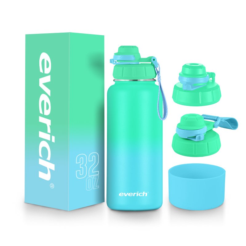 Sports Water Bottle - 32 Oz 3 Lids Spout Lid Leak Proof Vacuum Insulated 18/8 Stainless Steel Double Walled Metal Canteen