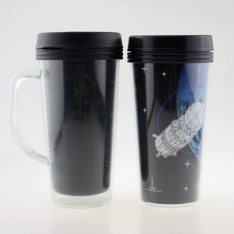 Eco-Friendly plastic insulated double walled coffees cup travel mug with handle insert advertising paper water mugs