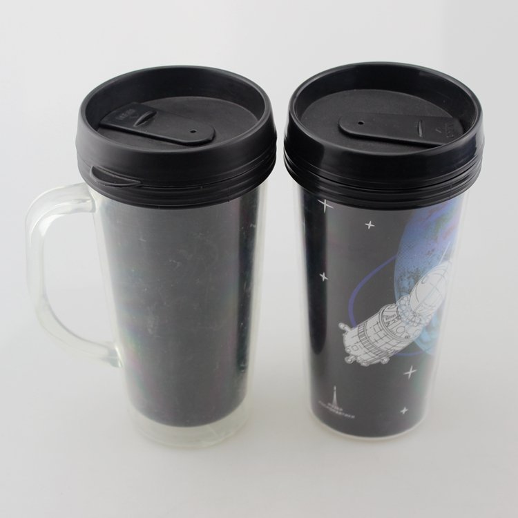 Eco-Friendly plastic insulated double walled coffees cup travel mug with handle insert advertising paper water mugs