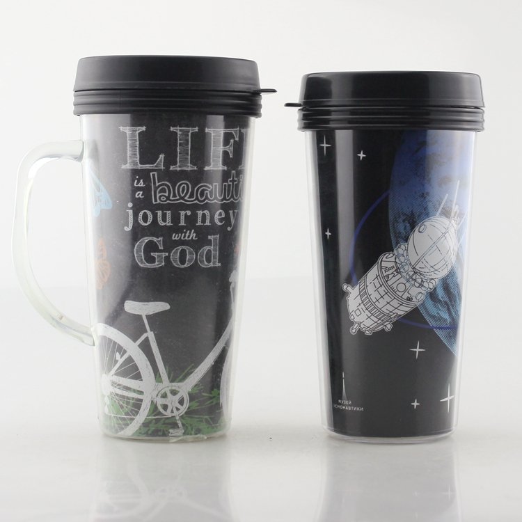 Eco-Friendly plastic insulated double walled coffees cup travel mug with handle insert advertising paper water mugs