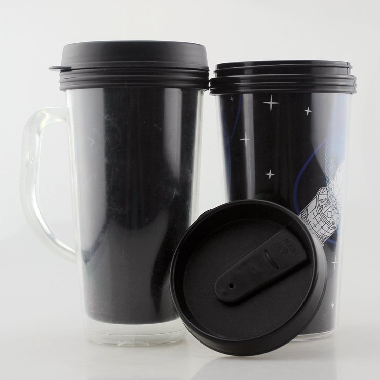 Eco-Friendly plastic insulated double walled coffees cup travel mug with handle insert advertising paper water mugs
