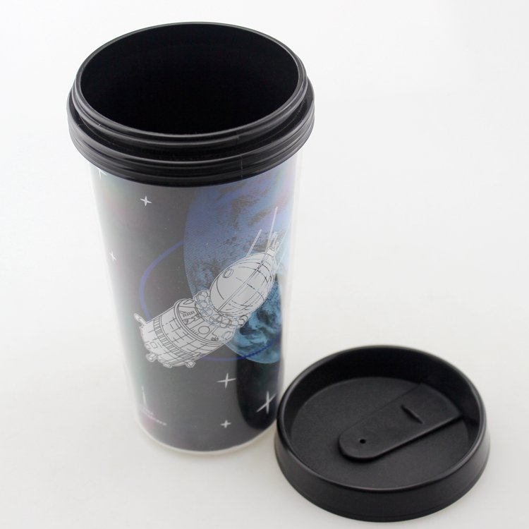 Eco-Friendly plastic insulated double walled coffees cup travel mug with handle insert advertising paper water mugs