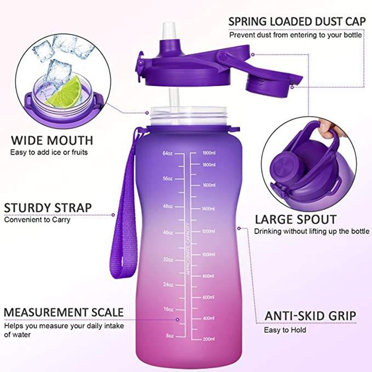 Bouteille D'Eau 2L Garrafa Motivacional 3 Em 1 Bpa Free Tritan Plastic Sports Drink Sipper 2Liter Water Bottle