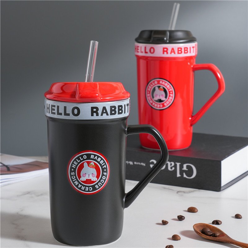 Cute cartoon rabbit gift ceramic mug with lid straw office coffee mug personalized color glaze mugs