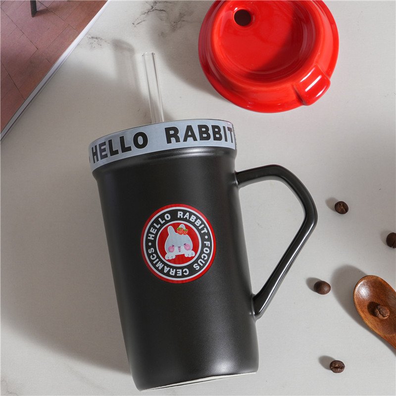 Cute cartoon rabbit gift ceramic mug with lid straw office coffee mug personalized color glaze mugs